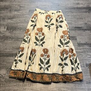 Sue Sartor Cream Floral Tiered Maxi Skirt with Green and Brown Motif